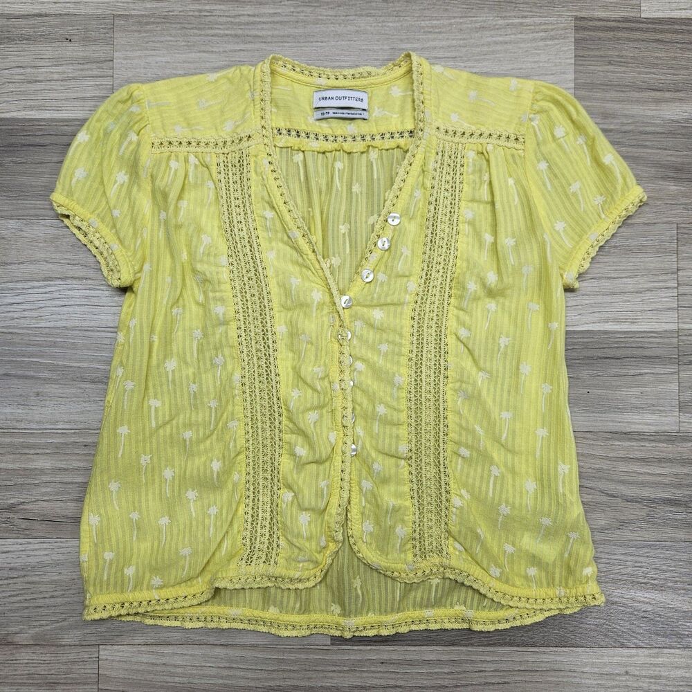 Urban Outfitters Yellow Button Up Top Size XS Palm Tree Colorful